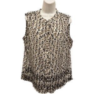 Liz Claiborne Women's Sleeveless Button Down Blouse High Low Hem Beige Black L
